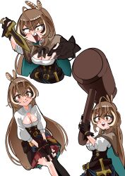 Rule 34 | 1girl, absurdres, ahoge, asymmetrical legwear, belt, brown capelet, brown cloak, brown eyes, brown hair, cape, capelet, cleavage cutout, cloak, clothing cutout, crossed bangs, dagger, feather hair ornament, feathers, foreshortening, gavel, gloves, hair ornament, hairclip, hammer, highres, holding, holding hammer, hololive, hololive english, huge weapon, knife, koizumi arata, lantern, long hair, looking at viewer, miniskirt, multicolored hair, multiple views, nanashi mumei, nanashi mumei (1st costume), partially fingerless gloves, pleated skirt, ponytail, pouch, red skirt, ribbon, shirt, shouting, single thighhigh, skirt, smile, streaked hair, teeth, thighhighs, upper teeth only, very long hair, virtual youtuber, weapon, white shirt