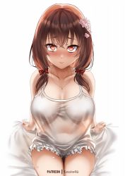Rule 34 | 1girl, bare shoulders, blush, breasts, brown hair, camisole, cleavage, collarbone, covered navel, flower, hair flower, hair ornament, highres, jewelry, kono subarashii sekai ni shukufuku wo!, large breasts, long hair, looking at viewer, low twintails, necklace, no bra, red eyes, see-through, sitting, solo, thighs, twintails, white background, white camisole, yunyun (konosuba), zasshu
