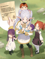 Rule 34 | 2boys, 3girls, :3, = =, absurdres, artist logo, artist name, baby, blush, boots, capelet, dress, elf, english text, frieren, hand on another&#039;s head, highres, holding, holding baby, holding paper, long hair, looking at another, multiple boys, multiple girls, note, pantyhose, paper, pointy ears, purple hair, reading, red hair, short hair, sinad aruatjanapat, sousou no frieren, standing, twintails, white hair