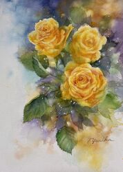 Rule 34 | flower, highres, leaf, no humans, ooy33151086, original, painting (medium), plant, realistic, rose, signature, still life, traditional media, watercolor (medium), yellow flower, yellow rose