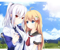 Rule 34 | 2girls, blonde hair, blue eyes, border, breasts, cloud, cloudy sky, collarbone, contrail, day, digital media player, duji amo, earphones, eyes visible through hair, hair between eyes, highres, holding, holding digital media player, large breasts, lens flare, long hair, long sleeves, looking at another, looking at viewer, looking to the side, media player interface, mountainous horizon, multiple girls, neckerchief, necktie, original, outdoors, outside border, parted lips, plaid, plaid necktie, plaid neckwear, ponytail, power lines, red eyes, red neckerchief, school uniform, serafuku, shared earphones, short hair, short sleeves, signpost, sky, small breasts, upper body, usagihime, white border, white hair