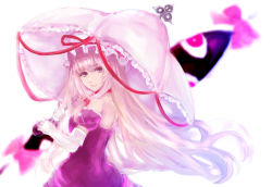 Rule 34 | 1girl, blonde hair, blurry, bow, breasts, choker, dress, elbow gloves, from side, gap (touhou), gloves, hair bow, hat, hat ribbon, ksrk ss, long hair, looking at viewer, looking back, looking to the side, mob cap, puffy short sleeves, puffy sleeves, purple dress, purple eyes, red eyes, ribbon, short sleeves, simple background, smile, solo, strapless, strapless dress, touhou, umbrella, very long hair, white background, white gloves, yakumo yukari