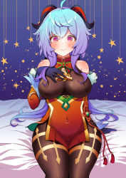 Rule 34 | 1girl, ahoge, arm support, bed sheet, bell, black bodysuit, black legwear, blue hair, blush, bodysuit, breasts, christmas, closed mouth, commentary, covered navel, cowbell, ganyu (genshin impact), genshin impact, gloves, goat horns, hand on own chest, highres, horns, large breasts, long hair, looking at viewer, on bed, purple eyes, realapple, revision, sitting, solo, very long hair