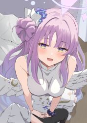 Rule 34 | 1boy, 1girl, absurdres, angel wings, blue archive, blush, breasts, dress, flower, hair bun, hair flower, hair ornament, hair scrunchie, halo, hand on another&#039;s thigh, highres, kumoi sora, long hair, looking at viewer, low wings, medium breasts, mika (blue archive), pink hair, scrunchie, single hair bun, sleeveless, sleeveless dress, smile, solo focus, white wings, wing ornament, wings, yellow eyes