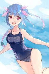 Rule 34 | 1girl, :d, blue hair, breasts, fangs, hair ribbon, highres, hyakunin momoko, i-19 (kancolle), kantai collection, long hair, looking at viewer, medium breasts, name tag, one-piece swimsuit, open mouth, red eyes, ribbon, school swimsuit, smile, solo, swimsuit, tri tails