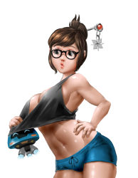 Rule 34 | 1girl, absurdres, bad id, bad pixiv id, black-framed eyewear, black eyes, blue shorts, breasts, brown eyes, chain, clothes pull, cowboy shot, crop top, drawstring, eyelashes, glasses, hair bun, hair ornament, hair stick, hand on own hip, highres, large breasts, lips, looking away, looking to the side, marble, mei (overwatch), midriff, moonlit, navel, overwatch, overwatch 1, parted lips, pout, pulling another&#039;s clothes, red lips, shiny skin, shirt pull, short hair, short shorts, shorts, sideboob, simple background, single hair bun, solo, stomach, swept bangs, tank top, toned, white background
