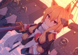 Rule 34 | 1girl, animal ears, azur lane, black jacket, blonde hair, blush, cannon, cat ears, closed mouth, commentary request, dutch angle, gloves, hair between eyes, headgear, holding, holding sword, holding weapon, jacket, long hair, long sleeves, ocean, outdoors, red eyes, shinopoko, sidelocks, smile, solo, standing, sunset, sword, turret, warspite (azur lane), water, weapon, white gloves