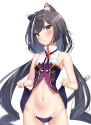 Rule 34 | 1girl, animal ear fluff, animal ears, bare arms, bare shoulders, black hair, blush, bow, bow panties, cat ears, cat girl, cat tail, closed mouth, collared shirt, cowboy shot, green eyes, highres, k mugura, karyl (princess connect!), lifting own clothes, long hair, looking at viewer, low twintails, multicolored hair, navel, no pants, panties, princess connect!, purple panties, shirt, simple background, sleeveless, sleeveless shirt, solo, standing, streaked hair, tail, twintails, underwear, v-shaped eyebrows, very long hair, white background, white hair, white shirt