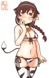 Rule 34 | 1girl, alternate costume, animal ears, animal print, artist logo, bikini, braid, breasts, brown hair, cleavage, commentary request, covered erect nipples, cow ears, cow horns, cow print, cow tail, cowboy shot, dated, ear tag, fake animal ears, fake horns, front-tie top, hand on own face, horns, kanon (kurogane knights), kantai collection, long hair, looking at viewer, lowleg, lowleg bikini, medium breasts, micro bikini, one-hour drawing challenge, orange eyes, side-tie bikini bottom, simple background, single braid, solo, souya (kancolle), swimsuit, tail, thighhighs, white background, white bikini, white thighhighs