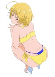 Rule 34 | 1girl, :3, ahoge, ass, bare shoulders, bikini, blonde hair, bow, brown eyes, closed mouth, dimples of venus, from behind, fuchi (nightmare), full body, hair between eyes, halterneck, high heels, highres, hugtto! precure, kagayaki homare, looking at viewer, looking back, multi-strapped bikini, precure, shiny skin, short hair, shoulder blades, side-tie bikini bottom, simple background, smile, solo, squatting, swimsuit, whale tail (clothing), white background, white footwear, yellow bikini, yellow bow