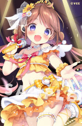 Rule 34 | 1girl, :d, bare shoulders, blush, breasts, brown hair, ceiling, commentary request, copyright request, crop top, earpiece, frilled socks, frills, high heels, holding, holding microphone, layered skirt, long hair, looking at viewer, low twintails, microphone, multicolored hair, navel, open mouth, outstretched arm, pan (mimi), pink hair, pleated skirt, purple eyes, see-through, shoes, skirt, small breasts, smile, socks, solo, tiara, tile ceiling, tiles, twintails, twitter username, two-tone hair, very long hair, white skirt, white socks, wrist cuffs, yellow footwear