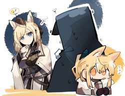 Rule 34 | 1other, 2girls, ?, animal ear fluff, animal ears, arknights, armor, behind another, black jacket, blemishine (arknights), blonde hair, blue eyes, doctor (arknights), expressionless, hat, hiding, hiding behind another, highres, hood, hooded jacket, horse ears, horse girl, jacket, long hair, long sleeves, looking at another, multiple girls, odmised, sweat, upper body, whislash (arknights)