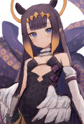 Rule 34 | 1girl, animal ears, bare shoulders, black dress, blue eyes, blunt bangs, blush, closed mouth, dated, detached sleeves, dress, feathered wings, flat chest, gradient hair, halo, highres, hololive, hololive english, long hair, long sleeves, looking at viewer, multicolored hair, neck garter, ninomae ina&#039;nis, orange hair, pointy ears, punished pigeon, purple hair, signature, simple background, single detached sleeve, solo, strapless, strapless dress, tentacle hair, tentacles, upper body, virtual youtuber, white background, white wings, wings