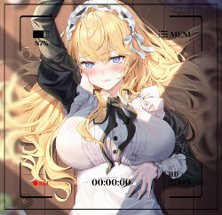 Rule 34 | 1girl, alternate costume, apron, arm up, azur lane, battery indicator, blonde hair, blue eyes, breasts, enmaided, glorious (azur lane), hand on own stomach, highres, juliet sleeves, large breasts, long hair, long sleeves, looking at viewer, lying, maid, maid headdress, on back, puffy sleeves, recording, video camera, viewfinder, wavy hair, white apron, yaomiaomiao