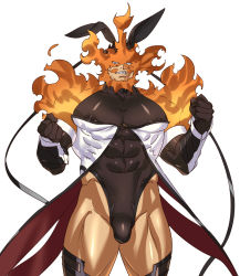 Rule 34 | 1boy, alternate costume, animal ears, beard, black leotard, boku no hero academia, bulge, rabbit ears, clothing cutout, covered abs, covered erect nipples, covered navel, dark skin, dark-skinned male, facial hair, feet out of frame, fighting stance, fire, koooogasya, large pectorals, leotard, male focus, male playboy bunny, mature male, meme attire, muscular, muscular male, pectorals, red hair, reverse bunnysuit, reverse outfit, short hair, solo, spiked hair, taut clothes, thick thighs, thigh cutout, thighs, endeavor (boku no hero academia)