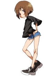 Rule 34 | 1girl, arms at sides, black shirt, black sneakers, blue shorts, bob cut, breasts, brown eyes, brown hair, child, cutoffs, denim, denim shorts, digimon, female focus, hands on own hips, highres, legs, looking at viewer, medium hair, midriff peek, navel peek, open mouth, oversized clothes, oversized shirt, shirt, shoes, short shorts, shorts, simple background, skinny, small breasts, sneakers, solo, standing, t-shirt, torn clothes, torn legwear, torn shorts, white background, yagami hikari