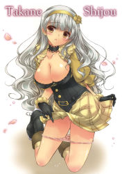Rule 34 | 1girl, blush, boots, breasts, choker, cleavage, clothes lift, gloves, hairband, highres, hotei kazuha, idolmaster, idolmaster (classic), kneeling, large breasts, long hair, panties, panty pull, petals, pussy juice, shijou takane, silver hair, skirt, skirt lift, solo, underwear
