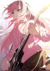 Rule 34 | 1girl, absurdres, blue eyes, blurry, bocchi the rock!, breasts, commentary request, electric guitar, gotoh hitori, guitar, highres, holding, holding instrument, instrument, jacket, long hair, long sleeves, medium breasts, michael (8m71d), parted lips, pink hair, pink jacket, pleated skirt, skirt, solo, sparkle, sweat, turtleneck, turtleneck jacket, water drop