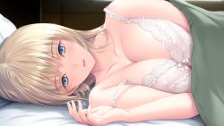Rule 34 | 1girl, babydoll, bed, bed sheet, blanket, blonde hair, blue eyes, bow, bra, breasts, breasts squeezed together, cleavage, collarbone, covered erect nipples, female focus, frills, game cg, gradient background, huge breasts, ichikawa saasha, indoors, jounoin kaho, lace, large breasts, lingerie, long hair, looking at viewer, lying, neyuki no gen&#039;ei, neyuki no genei: shirohanasou no hitobito, on bed, on side, pillow, pov across bed, smile, solo, under covers, underwear, underwear only, upper body, white bra