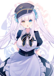 Rule 34 | 1girl, :o, absurdres, apron, black bow, black dress, black hat, blue eyes, blurry, blurry background, bow, breasts, buttons, collar, commentary request, cowboy shot, dress, epaulettes, gloves, hand in own hair, hand up, hat, heterochromia, highres, kagura gumi, kagura mea, large breasts, long hair, looking at viewer, military hat, open mouth, puffy sleeves, ragi (diabolik angle), short sleeves, solo, standing, twintails, two-tone bow, very long hair, virtual youtuber, white gloves, white hair, yellow bow, yellow eyes