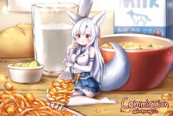 Rule 34 | 1girl, animal ear fluff, animal ears, artist name, bad id, bad twitter id, blue choker, blue skirt, blush, bowl, braid, bread, breasts, choker, commentary request, commission, crown braid, crumbs, cucumber, cucumber slice, cup, detached sleeves, food, fork, fox ears, fox girl, fox tail, frilled skirt, frilled sleeves, frills, highres, honyang, indoors, korean commentary, large breasts, loaf of bread, long hair, milk carton, mini person, minigirl, on table, original, pasta, plate, red eyes, silver hair, sitting, skirt, smile, solo, soup, spaghetti, table, tail, thighhighs, tongue, tongue out, twitter username, very long hair, wariza, white thighhighs, wide sleeves