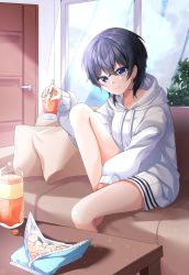 Rule 34 | 1girl, absurdres, bad id, bad twitter id, black hair, blue eyes, blue sky, borrowed character, bottle, chips (food), closed mouth, cloud, couch, cup, curtains, food, highres, holding, holding cup, hood, hoodie, indoors, long sleeves, looking at viewer, original, pillow, plant, potato chips, reha r h, short hair, sitting, sky, smile, solo, table, white hoodie, window, yokoyama ishimi