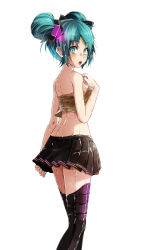 Rule 34 | 1girl, aqua eyes, black bow, black footwear, black skirt, blue hair, blue nails, boots, bow, breasts, crop top, double bun, hair bow, hair bun, hatsune miku, highres, looking at viewer, looking back, medium breasts, miniskirt, nail polish, open mouth, pleated skirt, project diva (series), sideboob, simple background, sing&amp;smile (vocaloid), skirt, sleeveless, small breasts, solo, standing, sweat, thigh boots, thighhighs, tsukishiro saika, vocaloid, white background, zettai ryouiki
