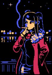 Rule 34 | 1girl, achidraws, animated, animated gif, artist name, black hair, black shirt, cigarette, coat, fur trim, hand in pocket, jill stingray, mouth hold, night, night sky, outdoors, pixel art, railing, red coat, red eyes, reflection, shirt, shooting star, sky, smoking, solo, standing, twintails, va-11 hall-a, water