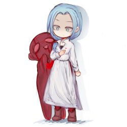 Rule 34 | 1girl, blue eyes, blue hair, boots, breasts, chinese commentary, cleavage, closed mouth, commentary request, enomoto noa, full body, hair bobbles, hair ornament, hand on own chest, highres, lab coat, long sleeves, low ponytail, no nose, pants, parted bangs, red footwear, red pants, saibou shinkyoku, side ponytail, simple background, small breasts, white background, xinjinjumin558540324569