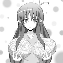 Rule 34 | antenna hair, food, fruit, greyscale, jcdr, long hair, looking at viewer, melon, monochrome, original, pointy ears, sexually suggestive, simple background, smile, very long hair