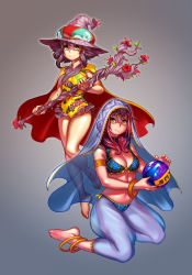 Rule 34 | 10s, 2girls, anklet, armlet, bangle, barefoot, blue eyes, bracelet, breasts, cape, cleavage, cleavage cutout, clothing cutout, commentary, cousins, crystal ball, english commentary, feet, flat chest, floral print, full body, green eyes, grey background, halterneck, halterneck, harem pants, harukana receive, hat, higa kanata, highres, jewelry, kneeling, medium breasts, medium hair, multiple girls, navel, one-piece swimsuit, oozora haruka (harukana receive), pants, pink hair, purple hair, see-through, short hair with long locks, smile, staff, standing, swimsuit, toes, veil, voodoothur, witch hat, yellow one-piece swimsuit