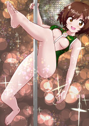 Rule 34 | 1girl, akiyama yukari, bad id, bad pixiv id, bare shoulders, blush, breasts, brown eyes, brown hair, camouflage, collarbone, disco ball, feet, female focus, girls und panzer, highres, kasegawa1919, leg up, looking at viewer, medium breasts, open mouth, pole dancing, short hair, simple background, slingshot swimsuit, smile, solo, sparkle background, swimsuit, tongue, underboob