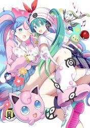 2girls ;d arm_up ass bag beanie black_socks blue_eyes blue_hair blue_skirt blush commentary_request creatures_(company) fairy_miku_(project_voltage) game_freak gen_1_pokemon gen_2_pokemon gen_5_pokemon givuchoko gloves great_ball green_eyes green_hair grey_skirt hat hatsune_miku headphones heart heart-shaped_pupils jigglypuff legendary_pokemon loafers long_hair long_sleeves looking_at_viewer looking_back loose_socks meloetta meloetta_(aria) multicolored_hair multiple_girls mythical_pokemon nintendo one_eye_closed open_mouth outstretched_arm panties pink_hair pink_shirt pink_shoes plaid_clothes plaid_skirt pleated_skirt poke_ball poke_ball_(basic) pokemon project_voltage psychic_miku_(project_voltage) puffy_long_sleeves puffy_sleeves red_ribbon ribbon shirt shoe_soles shoes short_sleeves shoulder_bag skirt sleeves_past_wrists smile socks solosis symbol-shaped_pupils twintails two-tone_hair ultra_ball underwear unown v v_over_eye very_long_hair vocaloid white_footwear white_gloves white_hat white_panties white_shirt white_socks