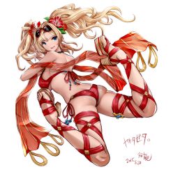 Rule 34 | 10s, 1girl, 2015, ass, bad anatomy, bikini, blonde hair, blue eyes, breasts, butt crack, clog sandals, dated, eyewear on head, flower, granblue fantasy, hair flower, hair ornament, halterneck, hibiscus, huge breasts, legs up, long hair, looking at viewer, lying, on back, open mouth, platform footwear, red bikini, sandals, shawl, side-tie bikini bottom, simple background, smile, solo, souryu, string bikini, sunglasses, swimsuit, tan, tanline, thigh strap, twintails, white background, zeta (granblue fantasy), zeta (summer) (granblue fantasy)