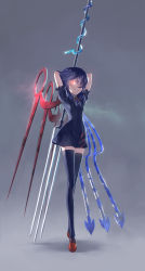 Rule 34 | 1girl, arms behind head, asymmetrical wings, black dress, black hair, black thighhighs, bow, bowtie, dress, glowing, glowing eyes, highres, houjuu nue, looking at viewer, mary janes, polearm, red eyes, red footwear, shoes, short dress, short hair, short sleeves, smile, solo, spear, standing, thighhighs, touhou, trident, weapon, wings, yamamomo (plank), zettai ryouiki