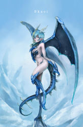 Rule 34 | 10s, 1girl, 2015, blue eyes, blue hair, blue lips, blue theme, blue wings, borrowed character, breasts, character name, claws, dragon girl, dragon horns, dragon tail, dragon wings, full body, hand on own chest, highres, horns, lipstick, long hair, makeup, marwan islami, matching hair/eyes, monster girl, navel, original, pointy ears, scales, signature, skaoi, solo, tail, wings