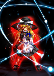 Rule 34 | 1girl, absurdres, blonde hair, blood, female focus, full body, gradient background, hat, highres, injury, kirisame marisa, magic, marisalove-toho, red eyes, skirt, solo, torn clothes, touhou, witch, witch hat