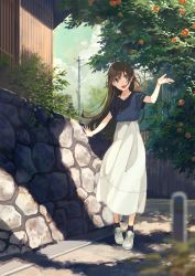 Rule 34 | 1girl, black socks, blouse, blue eyes, blue shirt, blurry, brown hair, cloud, cloudy sky, day, depth of field, dress, falsehood, floating hair, hand up, highres, house, jewelry, long hair, looking up, necklace, open mouth, original, outdoors, path, plant, power lines, road, shadow, shirt, shoes, sky, smile, sneakers, socks, solo, standing, utility pole, white dress
