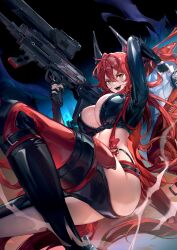 Rule 34 | 1girl, absurdres, anti-materiel rifle, black horns, breasts, bullpup, eru (eru illust), goddess of victory: nikke, gun, hair between eyes, highres, holding, holding gun, holding weapon, horns, jacket, large breasts, latex, latex bra, latex legwear, long hair, looking at viewer, mechanical horns, midriff, open clothes, open jacket, open mouth, overalls, red hair, red hood (nikke), red jacket, red overalls, revealing clothes, rifle, sidelocks, sniper rifle, solo, teeth, thighs, very long hair, weapon