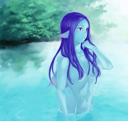 Rule 34 | 1girl, 88 (488), blue skin, colored skin, dragon quest, dragon quest x, fins, fish girl, hair censor, hair over breasts, head fins, long hair, monster girl, nude, partially submerged, purple eyes, purple hair, solo, water, weddie (dq10)