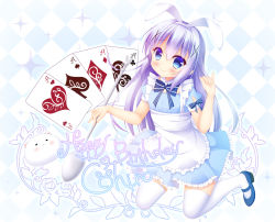 Rule 34 | 1girl, ace (playing card), ace of clubs, ace of diamonds, ace of hearts, ace of spades, angora rabbit, animal, animal ears, apron, argyle, argyle background, argyle clothes, blue dress, blue eyes, blue footwear, blue hair, blush, card, character name, closed mouth, club (shape), commentary request, diamond (shape), dress, fake animal ears, fingernails, frilled apron, frilled dress, frills, gochuumon wa usagi desu ka?, hair between eyes, hair ornament, hairband, head tilt, heart, holding, holding spoon, kafuu chino, long hair, mary janes, oversized object, playing card, pleated dress, rabbit, rabbit ears, shoes, smile, spade (shape), sparkle, spoon, thighhighs, tippy (gochiusa), very long hair, white apron, white hairband, white thighhighs, x hair ornament, yukatama
