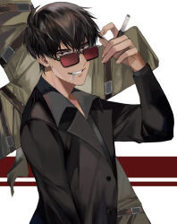 Rule 34 | 1boy, black eyes, black hair, black jacket, black shirt, black sleeves, cigarette, collared shirt, cross, facial hair, grin, hand up, highres, holding, holding cigarette, jacket, looking at viewer, male focus, mouth hold, nicholas d. wolfwood, shirt, short hair, smile, solo, sunglasses, teeth, teeth hold, trigun, trigun stampede, tte (t ombi), upper body, white background