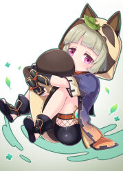 Rule 34 | 1girl, animal ears, animal hood, arm guards, ass, bike shorts, black gloves, commentary request, fake animal ears, fake tail, fingerless gloves, genshin impact, gloves, harada (sansei rain), highres, hood, hugging own tail, hugging tail, japanese clothes, leaf, leaf on head, looking at viewer, ninja, purple eyes, raccoon ears, raccoon tail, sayu (genshin impact), short hair, short sleeves, sidelocks, silver hair, simple background, solo, stirrup footwear, tail, vision (genshin impact)