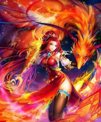 Rule 34 | 1girl, animal, armor, bare shoulders, bird, black thighhighs, blue eyes, breasts, crystal, detached sleeves, dress, feathers, female focus, fire, gem, hand fan, high ponytail, holding, holding fan, jewelry, kamigoku no valhalla gate, large breasts, long hair, looking at viewer, night, night sky, official art, official card illustration, original, pelvic curtain, phoenix, ponytail, puffy sleeves, red dress, red hair, sky, sparkle, star (sky), starry sky, thighhighs, toi