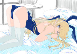 Rule 34 | 1girl, animal ears, ass, blonde hair, blue archive, blue eyes, blue leotard, blush, breasts, fake animal ears, fake tail, highres, leotard, long hair, looking at viewer, no halo, on bed, papiyon1297, parted lips, partially colored, pillow, playboy bunny, rabbit ears, rabbit tail, small breasts, solo, tail, thighhighs, toki (blue archive), toki (bunny) (blue archive), top-down bottom-up, white thighhighs, wrist cuffs