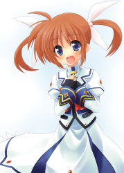 Rule 34 | 00s, 1girl, ahoge, blue eyes, blush, bow, brown hair, dress, fingerless gloves, gloves, hands on own chest, happy, long sleeves, looking at viewer, lyrical nanoha, magical girl, mahou shoujo lyrical nanoha, mahou shoujo lyrical nanoha a&#039;s, purple eyes, red bow, red hair, solo, sw (taco), takamachi nanoha, takamachi nanoha (sacred mode), tareme, twintails, white dress