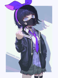 Rule 34 | 1girl, absurdres, artist name, bad id, bad pixiv id, belt, belt collar, black belt, black hair, black jacket, blue skirt, blunt bangs, bow, bow hairband, censored, character request, checkered clothes, checkered skirt, collar, collared shirt, commentary, copyright request, cowboy shot, english commentary, hairband, hand in pocket, highres, jacket, kurohanesawa, long sleeves, looking at viewer, mask, medium hair, middle finger, mosaic censoring, mouth mask, necktie, o-ring, o-ring belt, o-ring thigh strap, open clothes, open jacket, pleated skirt, purple bow, purple eyes, purple necktie, shirt, skirt, solo, thigh belt, thigh strap, white background, white shirt