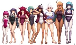 Rule 34 | 6+girls, ahoge, alma armas, android, animal ears, artificial eye, barefoot, blonde hair, blue hair, breasts, cat ears, cleavage, commentary, covered navel, crossed arms, dana zane, dark-skinned female, dark skin, dorothy haze, double v, finalcake, green hair, height difference, highres, jacket, jill stingray, joints, kira miki, large breasts, long hair, mechanical eye, multiple girls, navel, nicole chen, one-piece swimsuit, purple hair, red hair, robot joints, salute, sandals, sei asagiri, short hair, small breasts, stella hoshii, swimsuit, twintails, v, va-11 hall-a, white hair