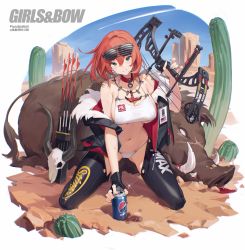 Rule 34 | 1girl, absurdres, animal, arrow (projectile), bilibili xiaolu, black gloves, black jacket, black thighhighs, blue eyes, blue sky, boar, bow (weapon), breasts, cactus, can, collar, commentary request, compound bow, desert, eyewear on head, fingerless gloves, fur-trimmed jacket, fur trim, gloves, hair between eyes, highres, holding, holding bow (weapon), holding weapon, jacket, jewelry, kneeling, large breasts, looking at viewer, navel, necklace, open clothes, open jacket, original, outdoors, pantyhose, pepsi, red collar, red hair, short hair, single glove, skull, sky, smile, sunglasses, sweat, thighhighs, weapon