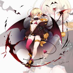 Rule 34 | 1girl, absurdres, ahoge, alternate costume, azur lane, bandaged leg, bandages, bare shoulders, bat (animal), bikini, bikini top only, blonde hair, blood, blood bag, boots, brown jacket, chain, commentary, covered mouth, demon girl, demon tail, demon wings, denim, denim shorts, full body, green eyes, halloween, halloween costume, heterochromia, high collar, highres, holding, holding scythe, huge filesize, jacket, leg ribbon, long sleeves, looking at viewer, multicolored hair, open clothes, open jacket, orange eyes, pink thighhighs, pubic tattoo, puffy sleeves, ribbon, scythe, short hair, short shorts, shorts, single thighhigh, skindentation, solo, southampton (azur lane), stomach, stomach tattoo, streaked hair, swimsuit, tail, tattoo, thighhighs, twitter username, vilor, white background, wings, zipper pull tab, zoom layer